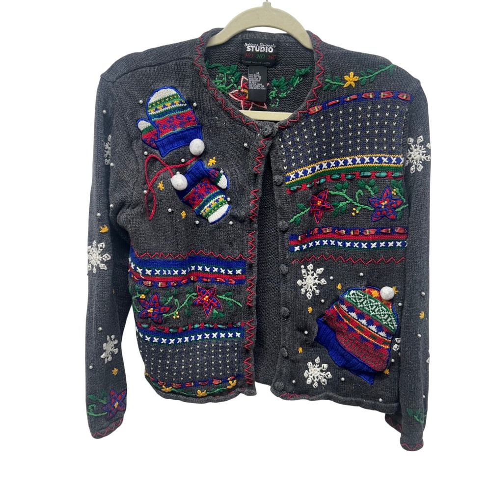 Vintage Y2K Ho Ho Ho Christmas Cardigan Gray Embroidered Sweater M ugly sweater